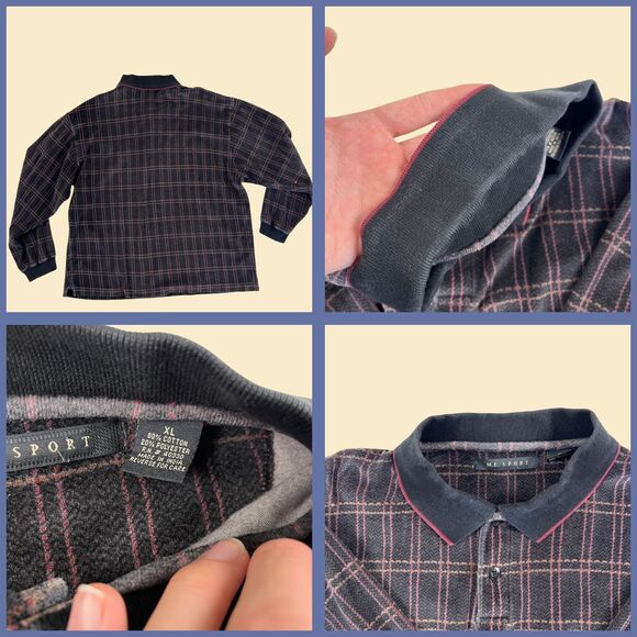 90s XL velour polo shirt, vintage black/purple plaid long sleeve by M.E. Sport - Picture 3 of 10